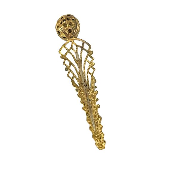 Art Deco Gold Tone Filigree Hat Pin Brooch With Ornate Design & Sphere Top - Picture 8 of 8